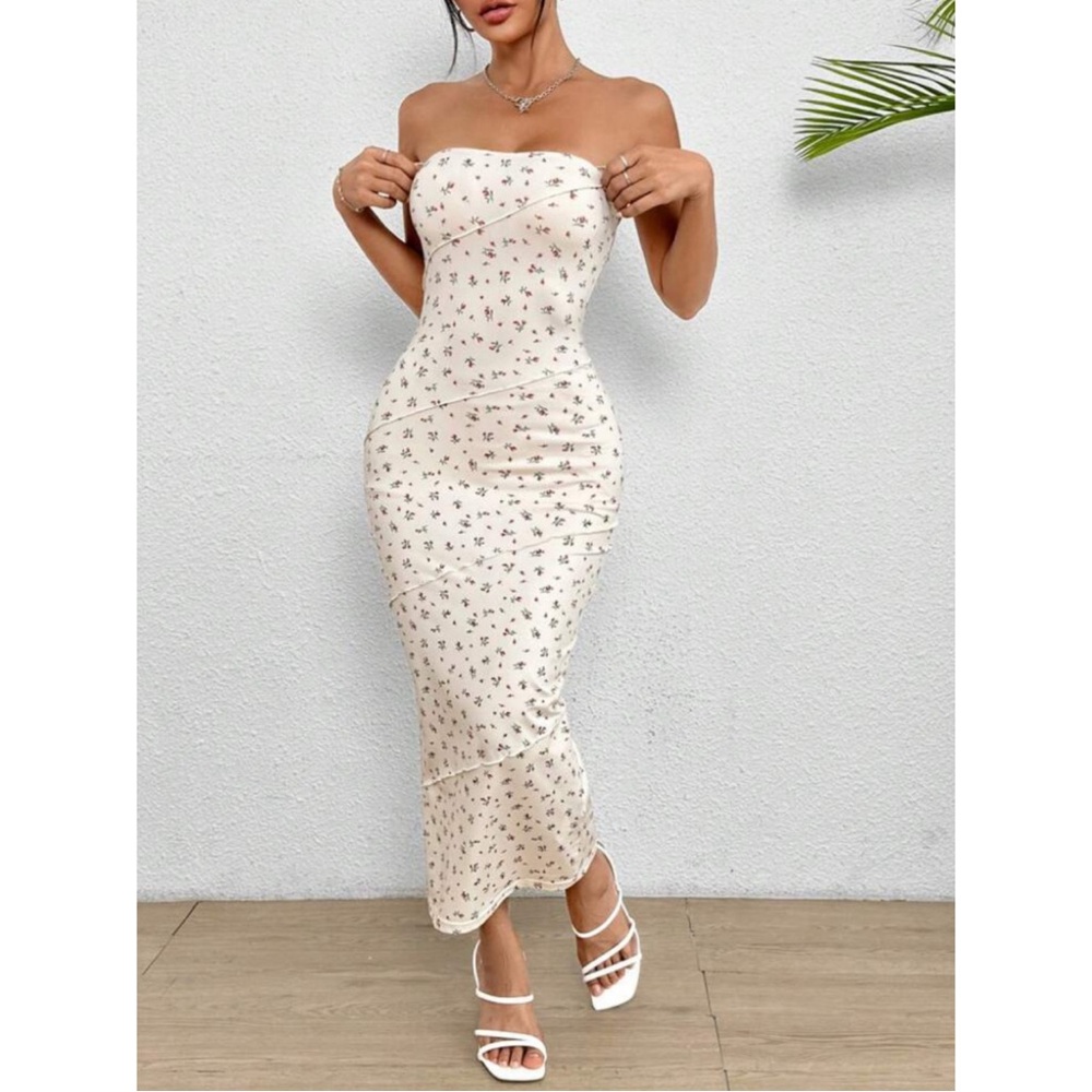 PETITE Pink Floral Printed Strapless Bodycon Dress With Outer Stitching 8/10p